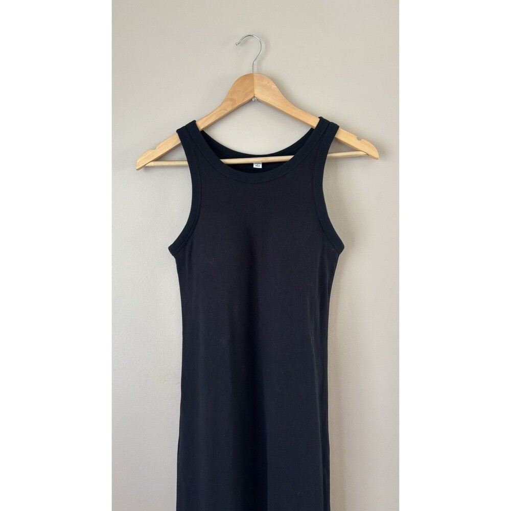 Sleeveless Black Midi Tank Dress With Built In Bra Ribbed Fabric Bodycon Size S - Picture 2 of 5